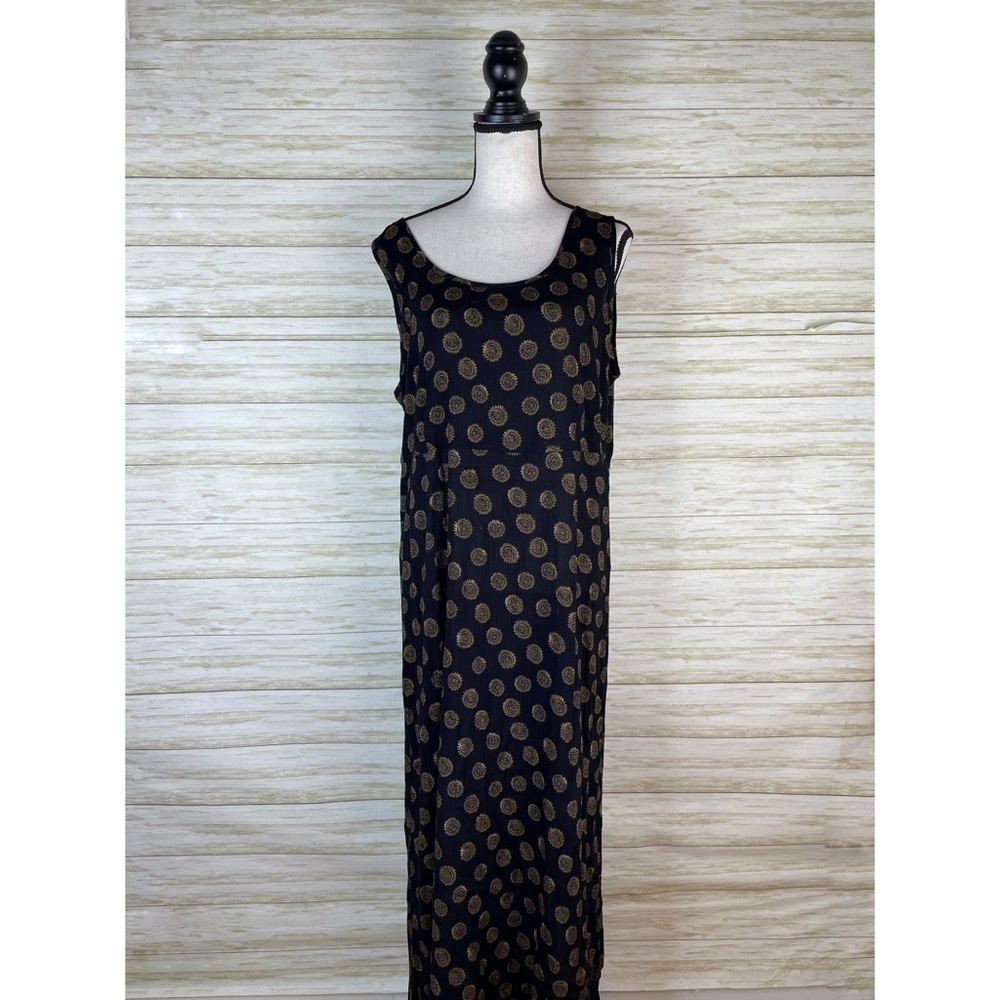 90s Black and Gold Rayon Midi Dress